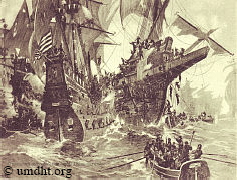 Die Eroberung des Flaggschiffes Makal�s bzw. Makeloes am 30.05. 1564 durch die wesentlich kleinere l�bische ,,De Engel" sowie einem weiteren l�bischen Schiffen, unterst�tzt durch eine kleine Kogge, die unter dem Befehl des Schiffers Henning Crage stand. Bei einer anschlie�enden gewaltigen Explosion wurde die ,,Makal�s" v�llig zerst�rt und riss ca. 300 d�nisch-l�bische Seesoldaten sowie die �berlebende Besatzung der ,,Makal�s� in den Tod.  -  Mehr Informationen auf unserer Seite ,,Seekriege der Hanse"  -  HIER KLICKEN.